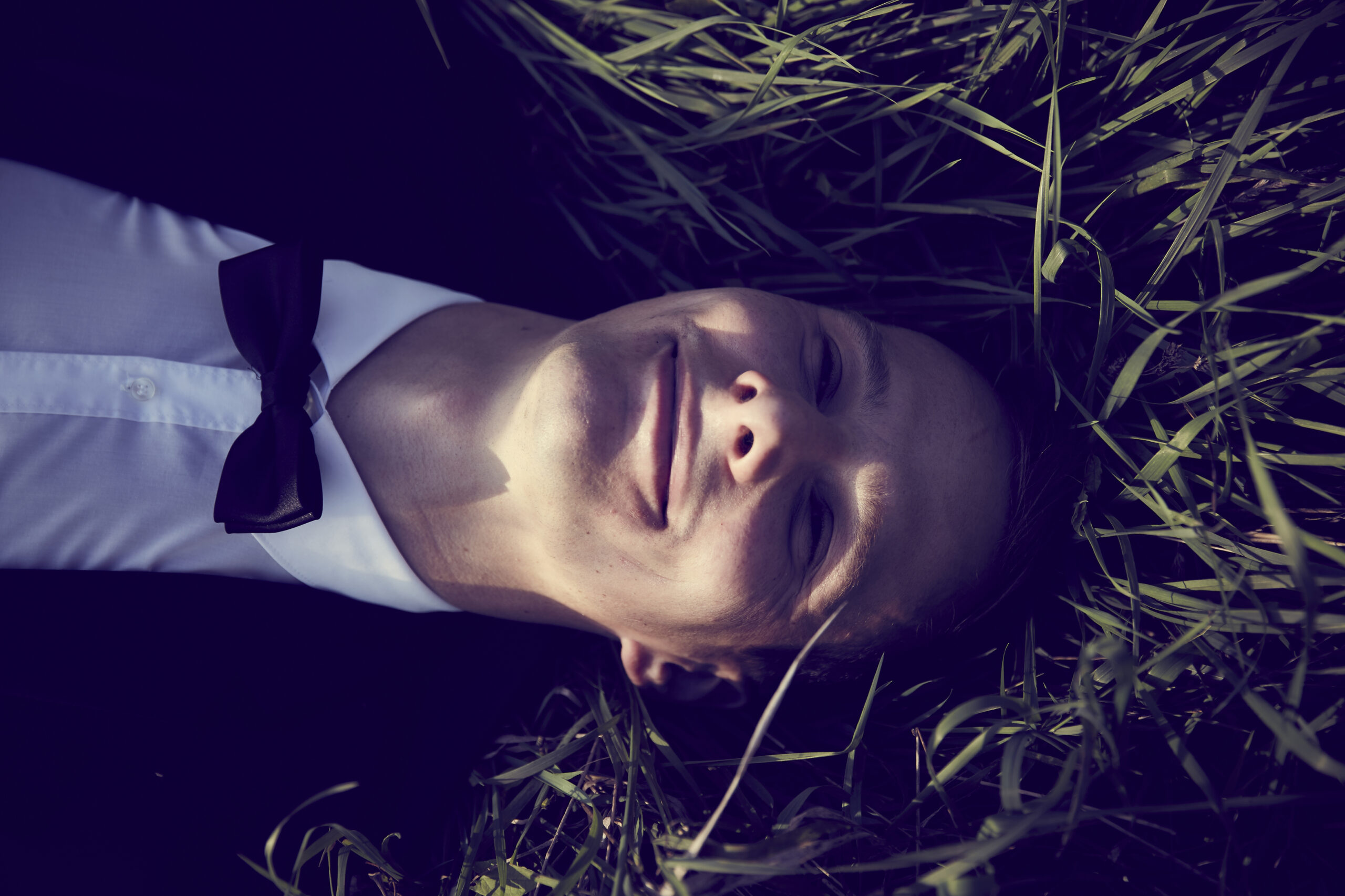 Hochzeitsporträts im Spätsommer – Bräutigam im Gras von oben